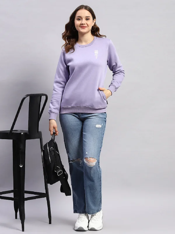 Noble Temperament Women Purple Printed Round Neck Full Sleeve Sweatshirt