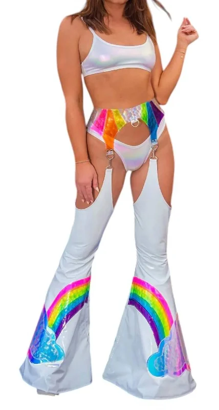 Unique prints Chaps With Rainbow Belt Pants In White Cloud