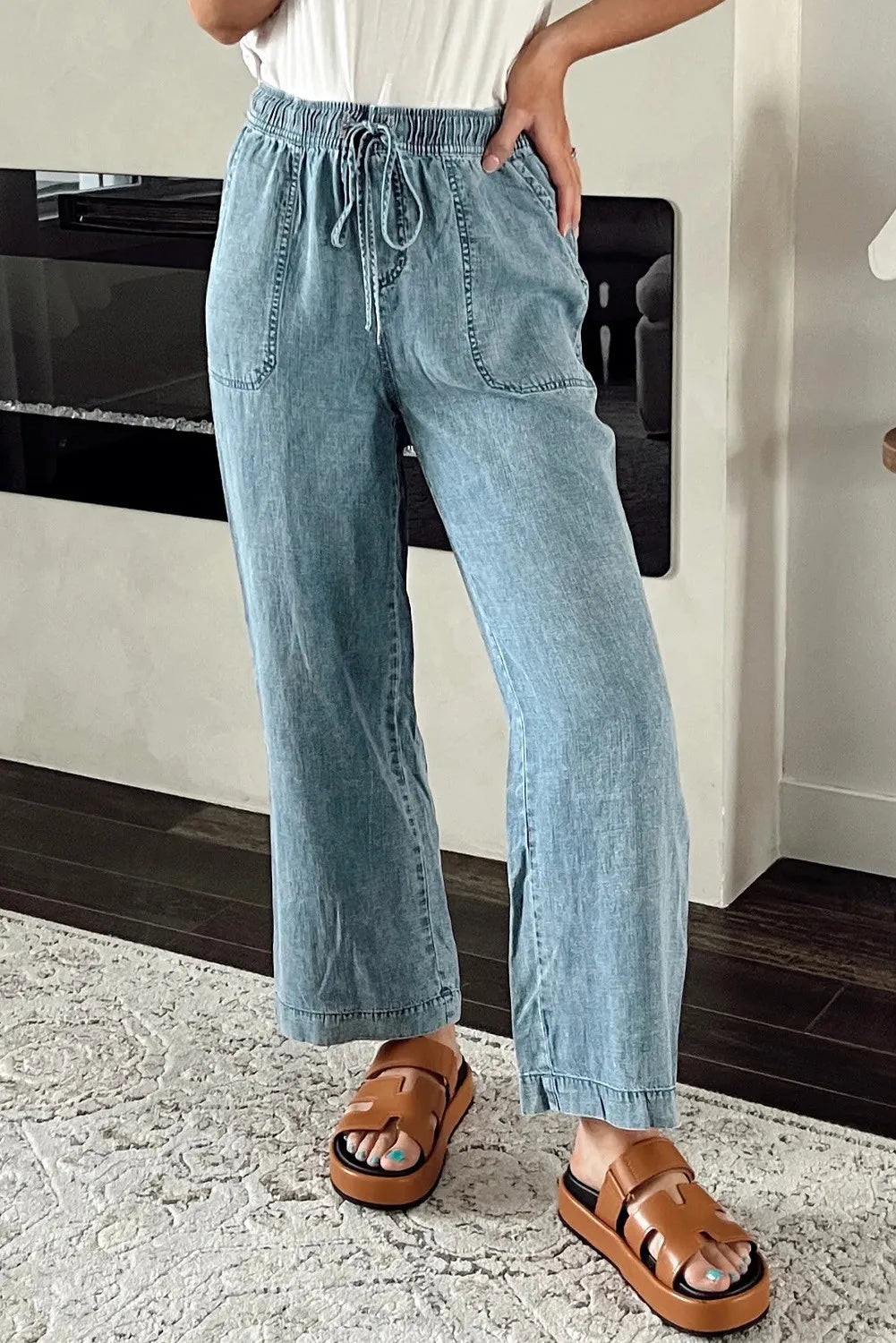 Leisure Travel Drawstring High Waist Jeans with Pockets