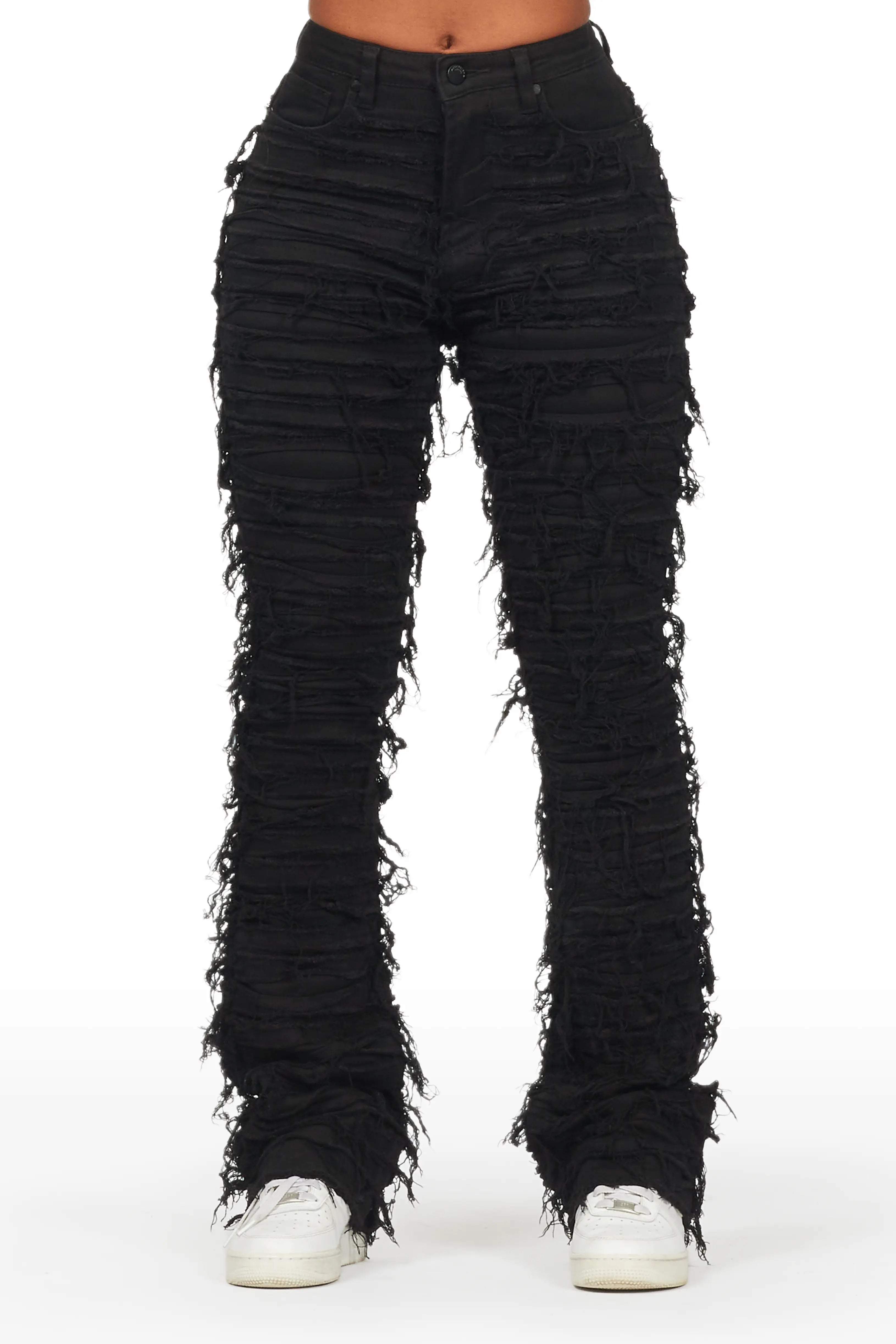 Warm And Comfortable Melany Black Stacked Flared Jean