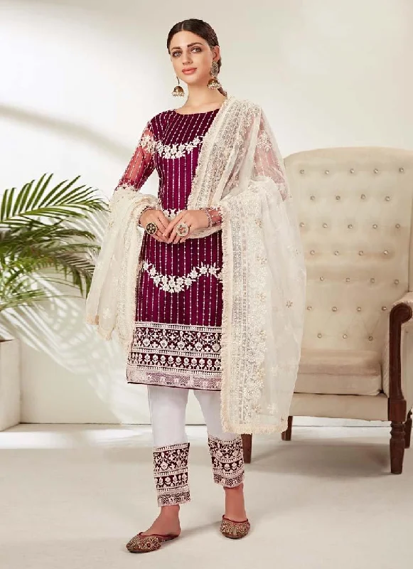 Hooded design Wine Color Soft Net Base Full Sleeves Dori And Sequins Work Pant Style Suit
