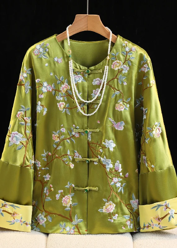 High-quality fabrics Chinese Style Green O-Neck Embroidered Silk Coats Fall