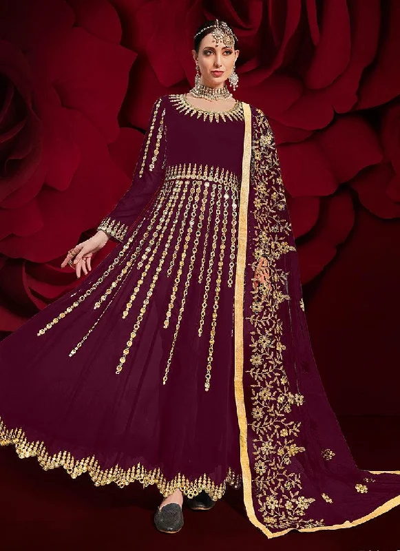 Ethnic Style Wine Color Georgette Material Mirror Work Pakistani Salwar Kameez