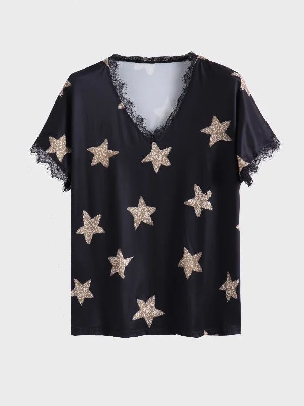 Slightly Flared Design Midsize Lovely Star Lace Trim Top