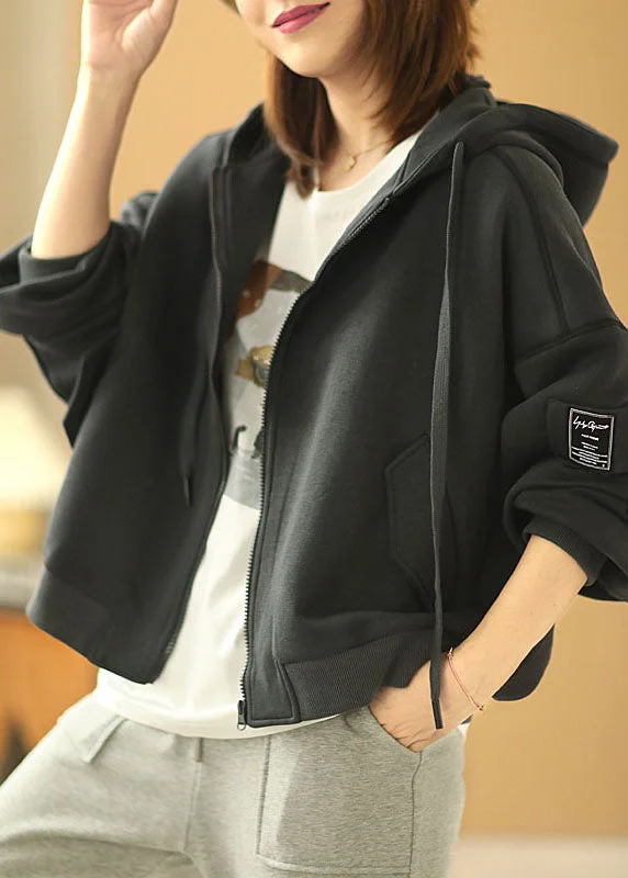 Moisture wicking New Black Hooded Zippered Pockets Fall Jackets Long Sleeve