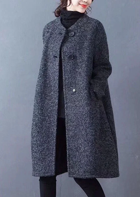 Design And Tailoring French Dark Grey O-Neck Oversized Solid Woolen Coat Outwear Winter Design And Tailoring French Dark Grey O-Neck Oversized Solid Woolen Coat Outwear Winter