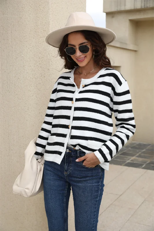 Fresh And Natural Angel Wings Striped Round Neck Button-Down Dropped Shoulder Cardigan Fresh And Natural Angel Wings Striped Round Neck Button-Down Dropped Shoulder Cardigan