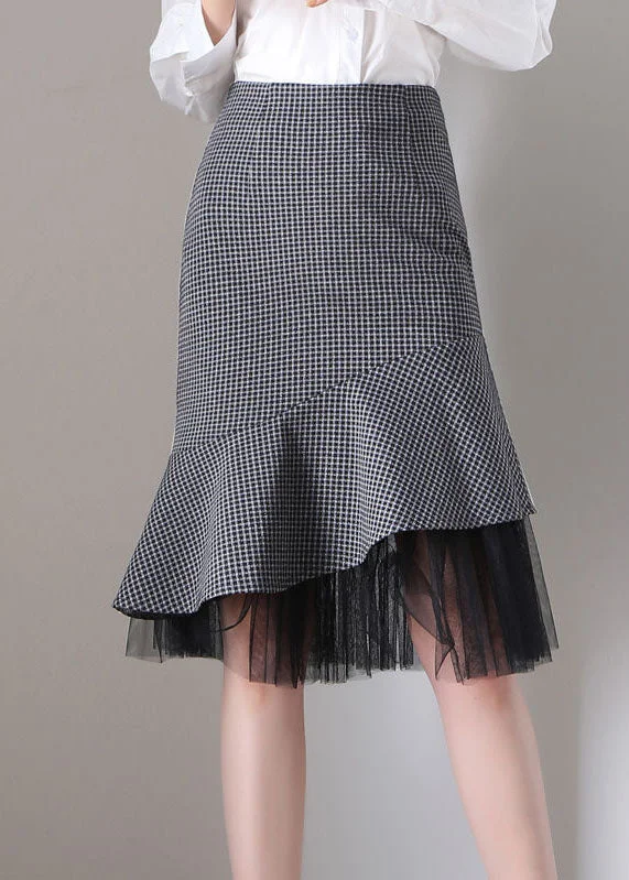 Fresh And Natural Slim Fit Grey Plaid Ruffles Patchwork Tulle Woolen Wraped Skirt Spring Fresh And Natural Slim Fit Grey Plaid Ruffles Patchwork Tulle Woolen Wraped Skirt Spring