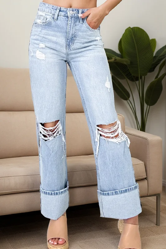 Celebrity Style Distressed High Waist Jeans with Pockets