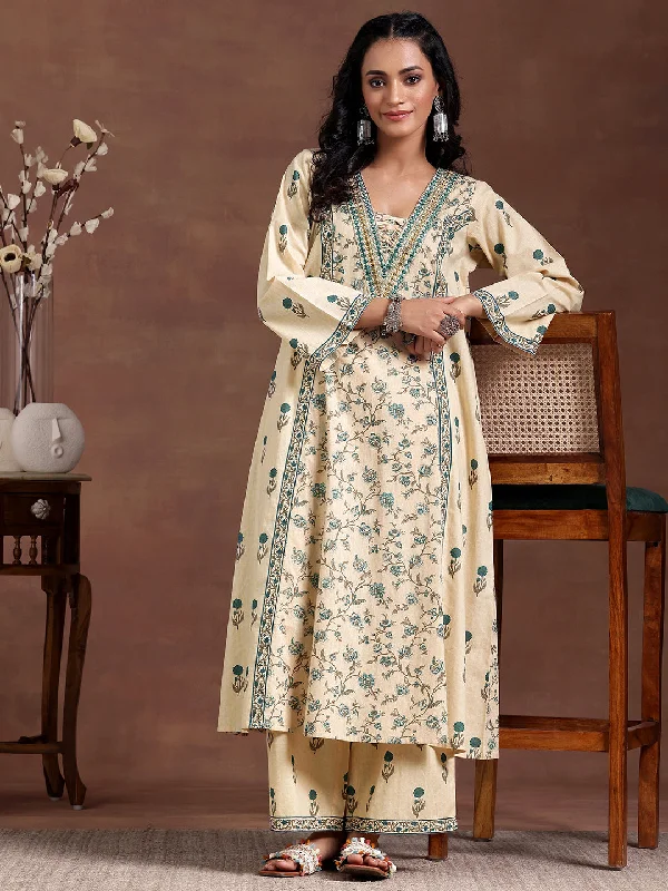 Ultra-lightweight Beige Printed Cotton A-Line Kurta With Palazzos