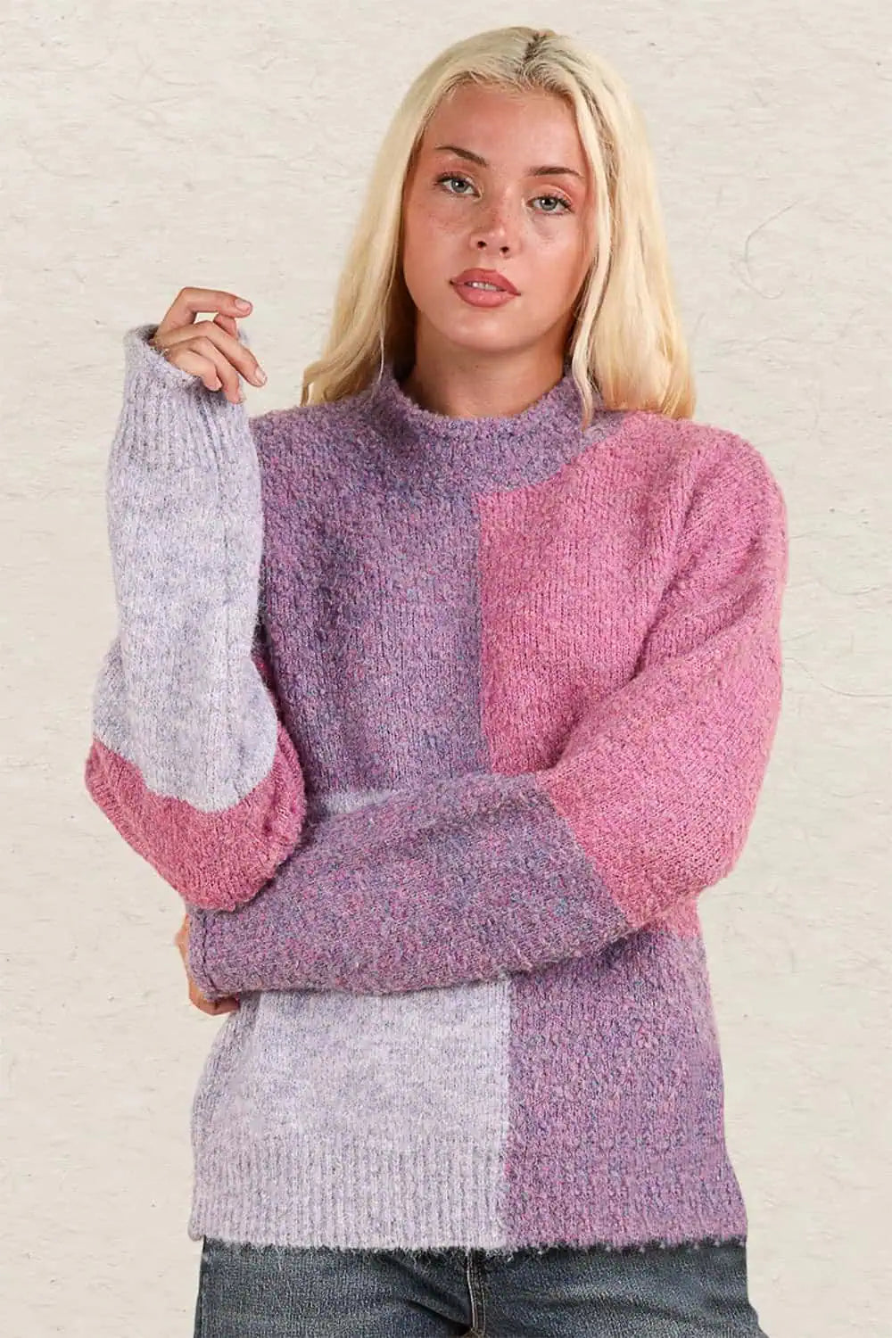 Elegant And Noble VERY J Color Block Mock Neck Drop Shoulder Sweater