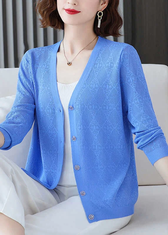 Minimal Style Women Blue V Neck Ice Silk Knit Loose Coat Fall