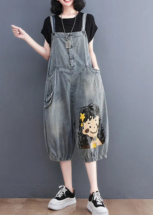 Elegant Tailoring Casual Blue Slash Neck City Girl Denim Jumpsuit Summer