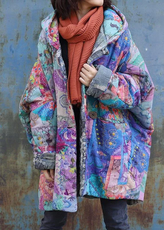 Double-sided Wear 2024 Purple Prints Overcoat Oversized Warm Winter Coat Hooded Patchwork Overcoat