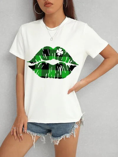 Minimalism Plaid Lip Graphic Round Neck T-Shirt