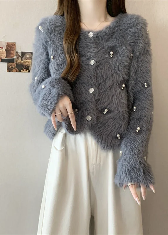 High-waisted pants style Fashion Grey O Neck Nail Bead Mink Hair Knitted Coat Fall