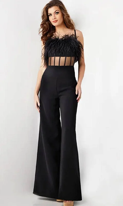 Moisture wicking Jovani 24144 - Sleeveless Feather Detailed Jumpsuit