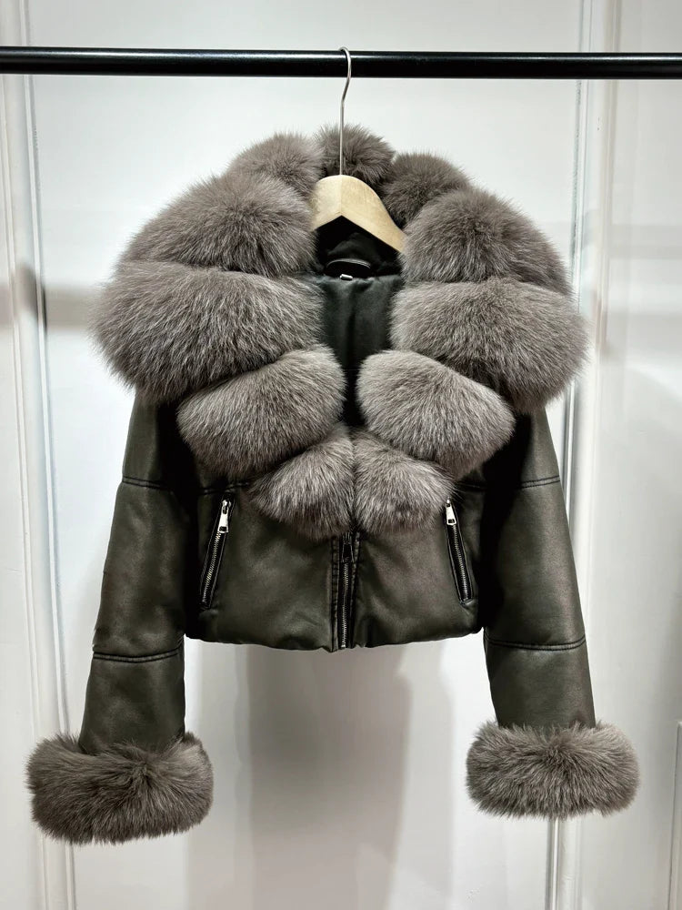 Single item design Fashion Fox Fur Women Winter Short PU Leather Jacket Warm Coat