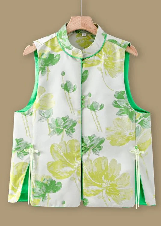 Noble Temperament Jacquard Green Stand Collar Button Silk Waistcoat Sleeveless