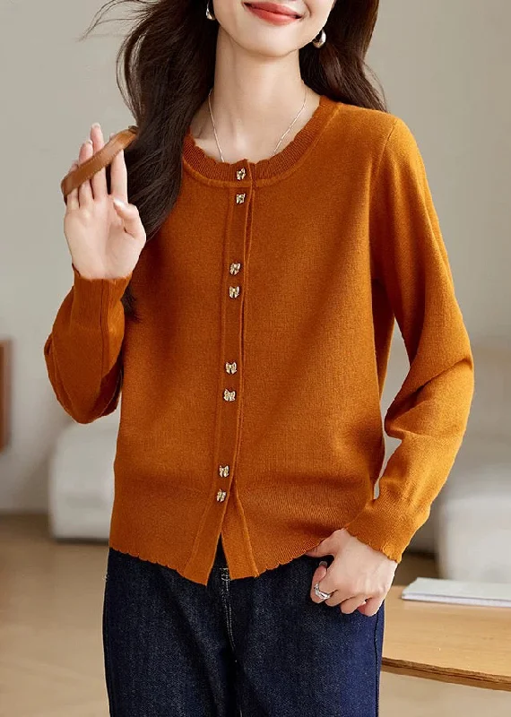 Carefree Style New Orange O Neck Button Cozy Wool Knit Coat Fall