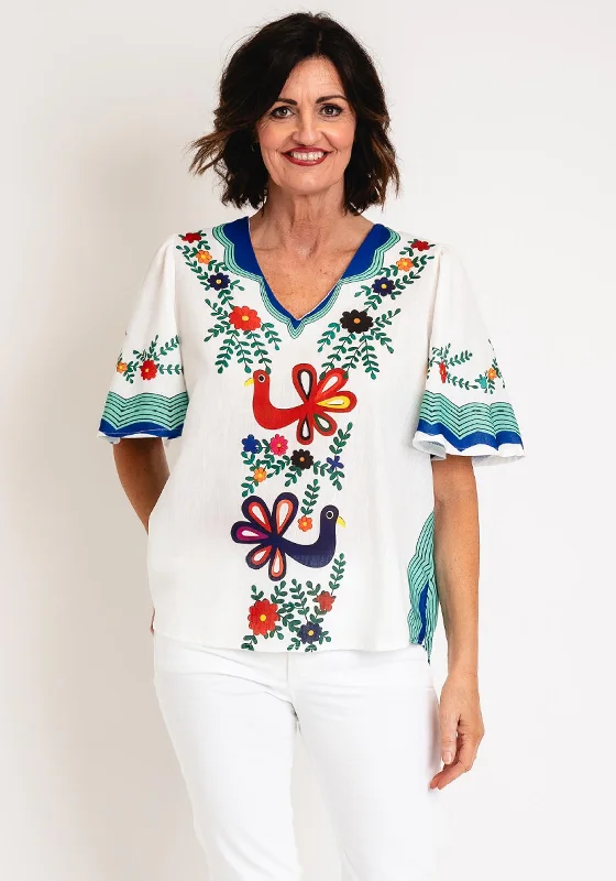 Playful Style Serafina Collection One Size Floral Leaf Print Top, White & Red