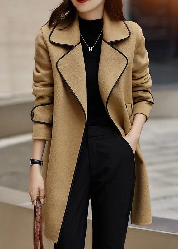 Ethnic Style Loose Camel Tie Waist Pockets Patchwork Woolen Coat Winter