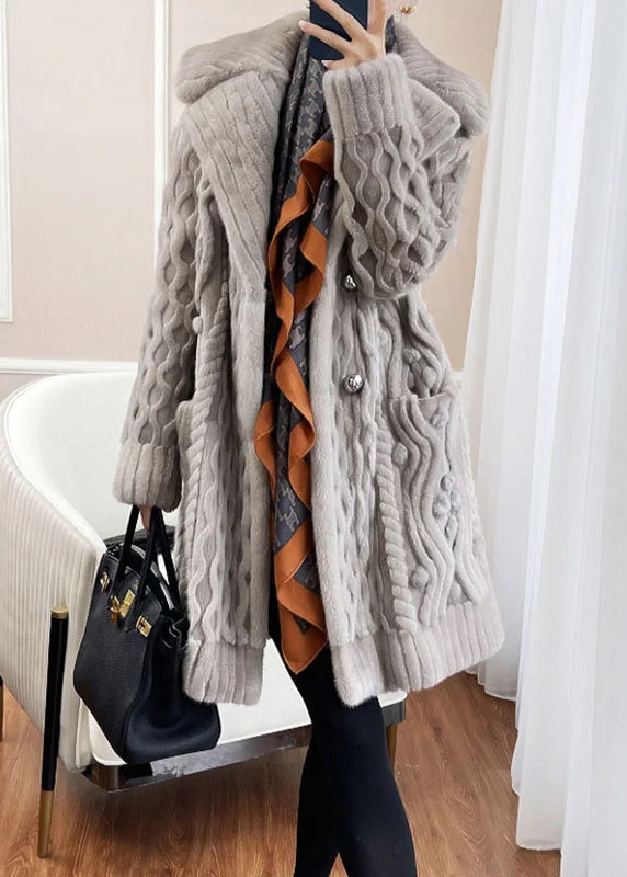 Elegant And Lazy Style Light Grey Button Pockets Patchwork Mink Hair Knitted Coat Fall