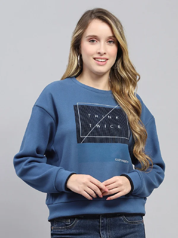 Multi-functional style Women Blue Printed Round Neck Full Sleeve Sweatshirt