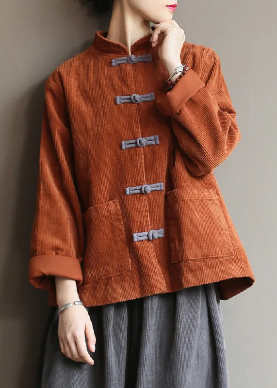 Simple Style New Caramel Stand Collar Button Pockets Corduroy Coats Fall