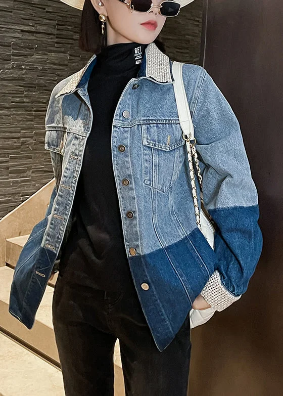 Wearable At Home Or Out Modern Blue Peter Pan Collar Button Patchwork Denim Coats Long Sleeve Wearable At Home Or Out Modern Blue Peter Pan Collar Button Patchwork Denim Coats Long Sleeve