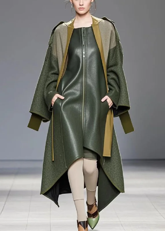 Urban Style Fine Army Green Asymmetrical Patchwork Faux Leather Fake Two Piece Coat Fall
