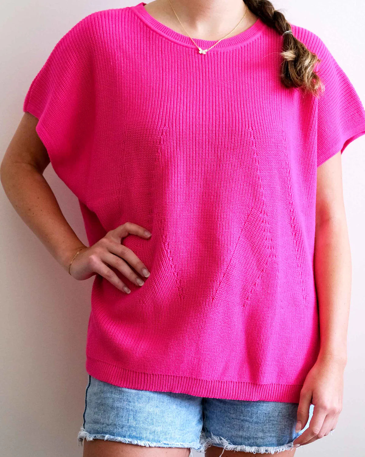 Simple Solid Color Mersea Camden Short Sleeve Sweater Magenta