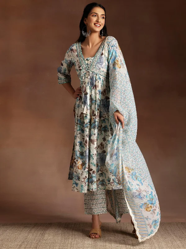 European And American Style Off white Printed Silk Blend A-Line Kurta With Palazzos & Dupatta