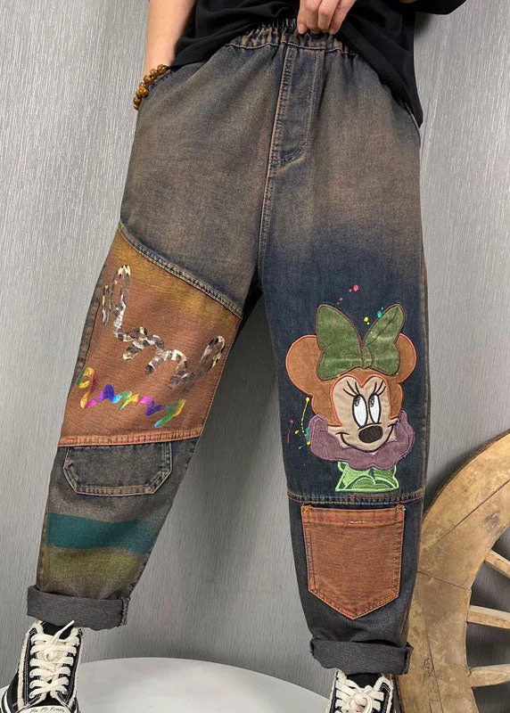 British Fashion Stylish Blue Embroideried Patchwork denim Pants Spring