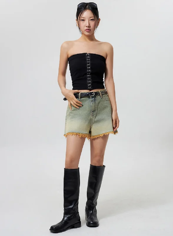 Simple Solid Color Denim Ripped Hem Shorts CY325