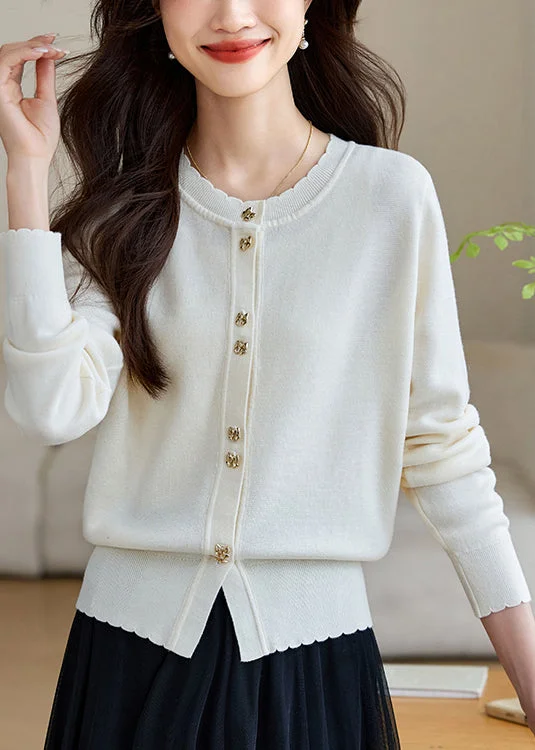 Carefree White Button Solid Wool Knit Fall Coats O Neck