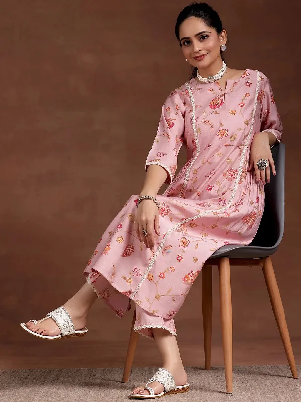 Nightclub Style Pink Printed Silk Blend A-Line Kurta With Trousers