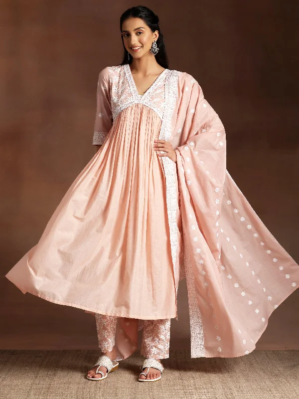 Simple Solid Color Peach Embroidered Cotton A-Line Kurta With Palazzos & Dupatta