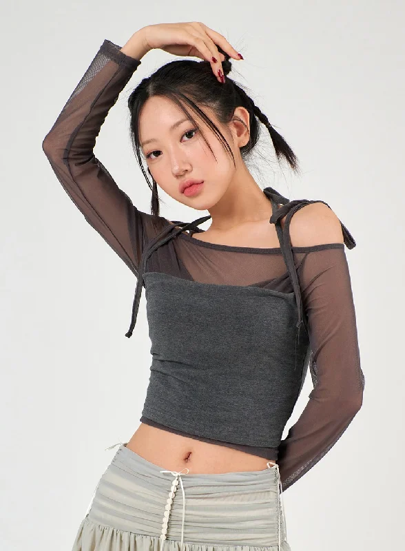 European And American Style Sheer Long Sleeve Top & Halter Tank Top Set IJ402