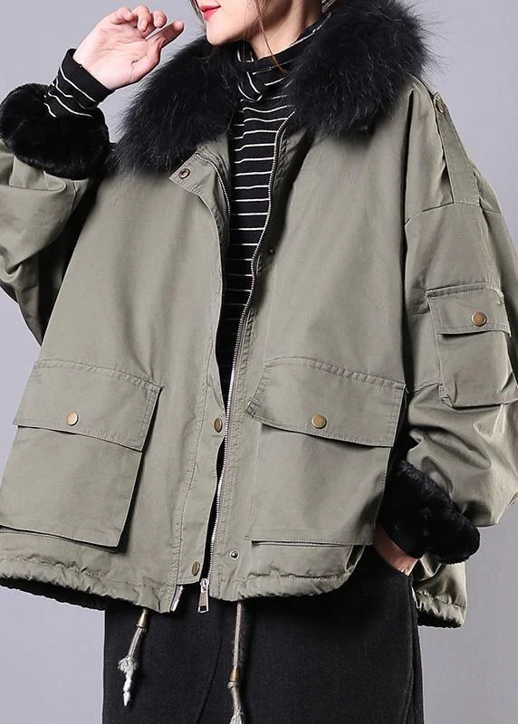 Stretch Design 2024 Army Green Casual Outfit Oversize Snow Jackets Pockets Faux Fur Collar Winter Coats