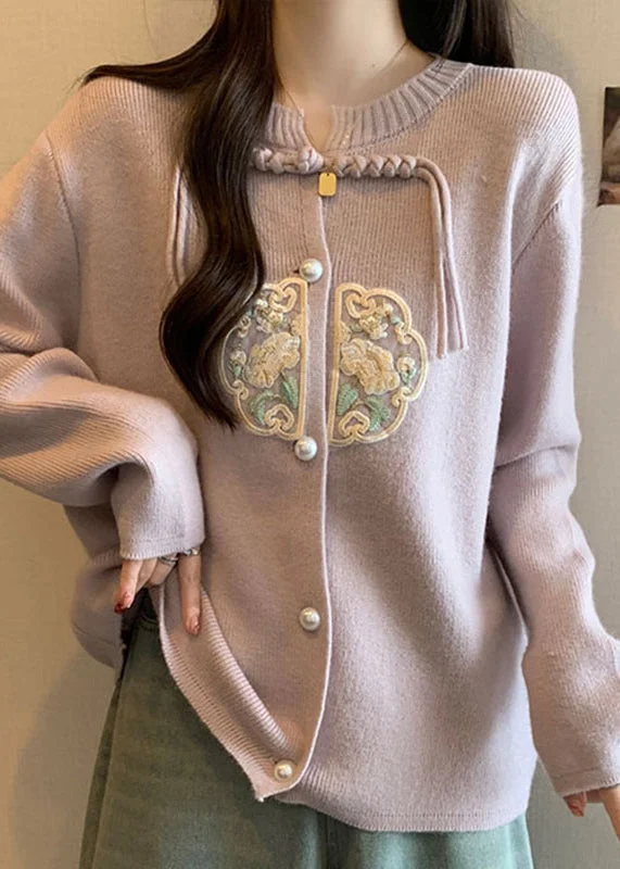 Hooded design Pink Knit Coats Button Tassel Embroidered Fall