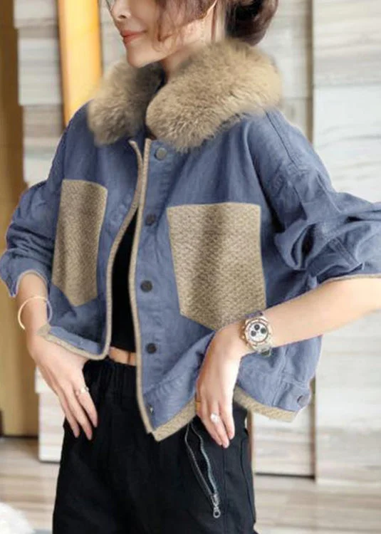 Free And Casual French Blue Fur Collar Button Patchwork Cotton Coats Winter