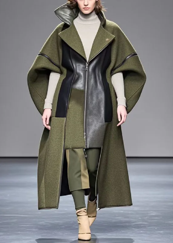 Sports Design Style Army Green Oversized Patchwork Woolen Coat Outwear Fall