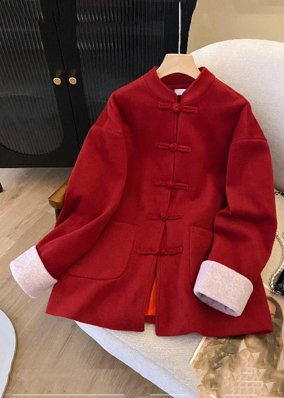 Simple Solid Color New Red Stand Collar Button Pockets Thick Woolen Coats Winter