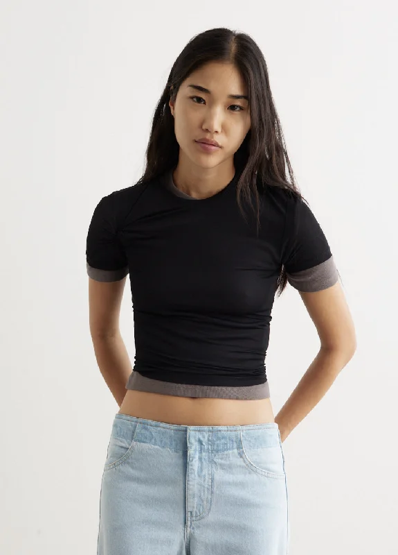 Double-sided Wear Sheer Overlay Loophole Rib T-Shirt