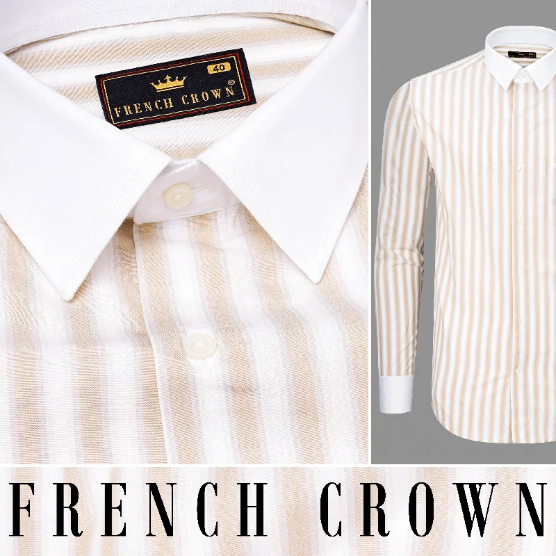 Mid-length Style Dust Storm Brown Striped with White Collar Premium Cotton Shirt