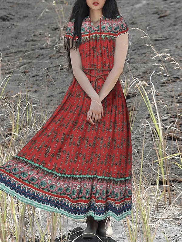 Carefree Style Bohemian Vintage Floral Print Lace-Up V-Neck Short Sleeve Holiday Maxi Dress for Women