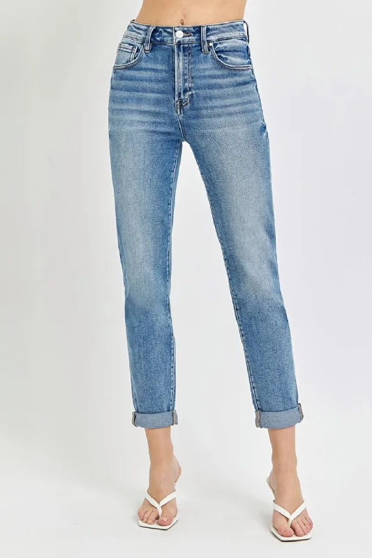 Elegant And Elegant Risen High Rise Cropped Roll Up Jeans