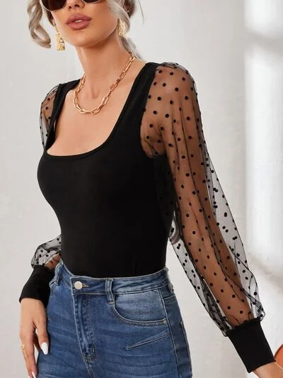 Celebrity Style Square Neck Polka Dot Long Sleeve T-Shirt