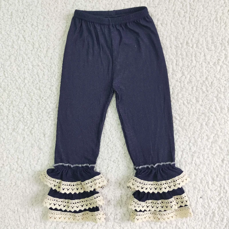 Single-shoulder Neck Design girl dark blue elastic waist ruffles pants fashion children soft denim pants with lace